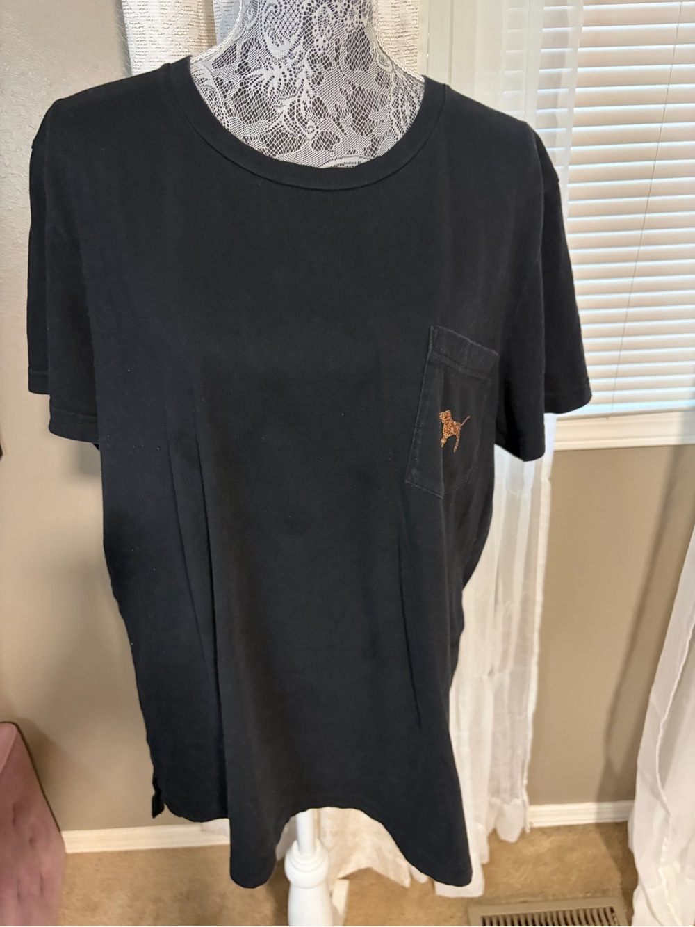 PINK Victoria's Secret Black Short-Sleeve Pocket Tee with "PINK"in Gold Sequins